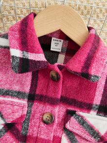 SHEIN 女小童格紋翻蓋口袋落肩袖花呢外套不附帶包 - 彩色 - 查看 5