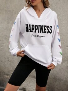 SHEIN LUNE Chữ & Bướm Đồ họa Túi kangaroo Thả vai Hoodie - trắng - Xem 6