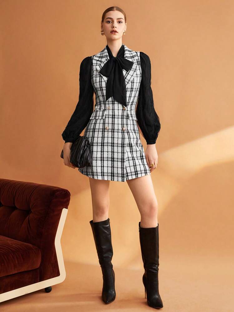 Plaid Print Lapel Neck Vest Coat Without Belt