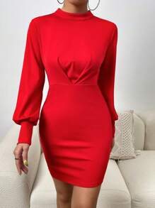 Chiquease Cut Out Backless Lantern Sleeve Bodycon Dress - Red - View 5