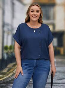 EMERY ROSE Plus Button Detail Batwing Sleeve Blouse - Blue - View 3