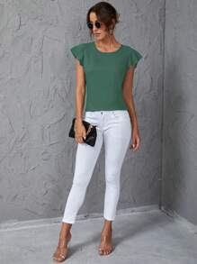 SHEIN Clasi Solid Flounce Sleeve Blouse - Green - View 4
