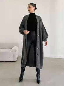 SHEIN Cottnline كارديجان منسوج مضفور منخفض الاكتاف - رمادي - مشاهدة 3