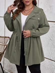 SHEIN LUNE 大碼翻蓋口袋腰部抽繩連帽夾克 - 軍綠色 - 查看 4