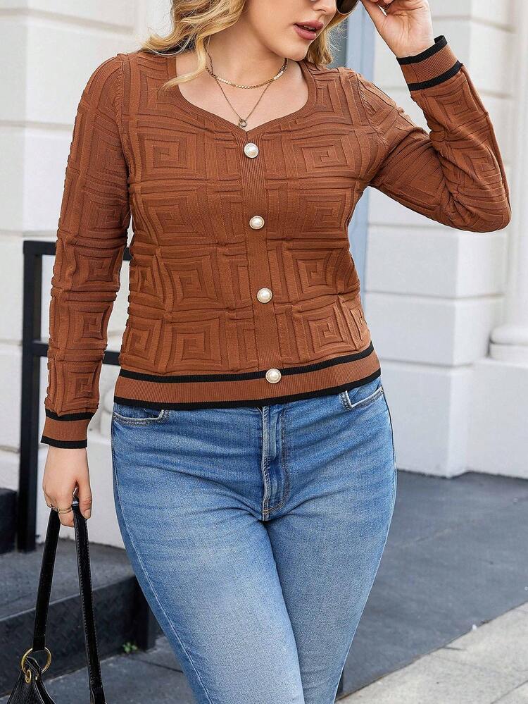 Plus Striped Trim Button Front Sweetheart Neck Sweater Knit Pullover Fall Winter Sweater