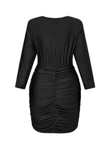 SHEIN Allurite Hơn cổ áo xếp nếp Xù Váy bodycon - màu đen - Xem 2