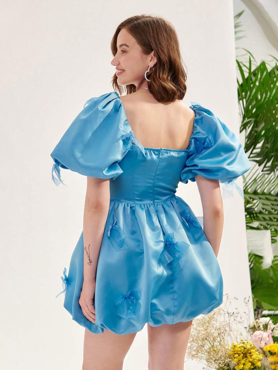 Sweetheart Neck Puff Sleeve Ruched Dress