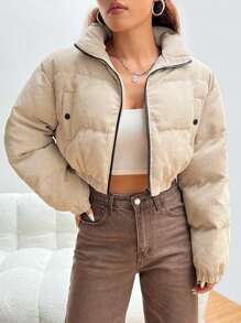 SHEIN EZwear Áo khoác đệm ngắn có khóa kéo cho mùa đông - Màu Khaki - Xem 1