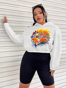 SHEIN EZwear 加大码汽车字母图案落肩抽绳卫衣 - 白色 - 查看 5
