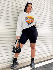 SHEIN EZwear 加大码汽车字母图案落肩抽绳卫衣 - 白色 - 查看 6