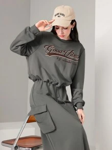 Mulvari Letter Graphic Drawstring Hem Sweatshirt Without Skirt - Grey - View 3