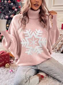 SHEIN LUNE Jersey con patrón de copo de nieve cuello alto de manga murciélago - Rosa - Ver 1
