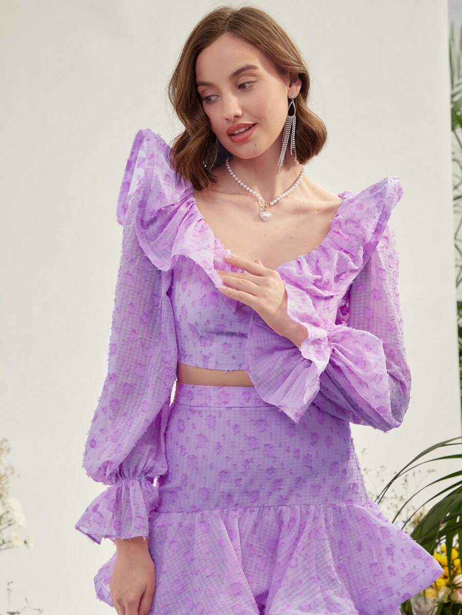 Enchnt Camisa crop aplicado ribete con fruncido de manga con volante - Púrpura malva - Ver 1