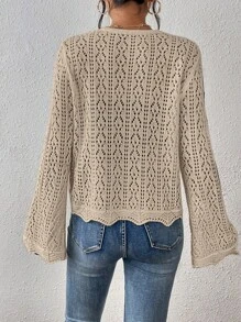 SHEIN VCAY 網眼針織荷葉袖貝殼邊開襟衫 - 杏色 - 查看 2