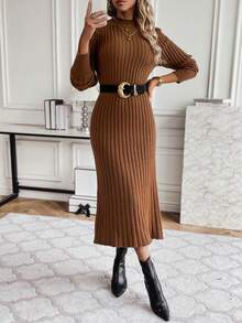 SHEIN Clasi Cổ giả Đồ đan Ribbed Đầm Áo len Không có thắt lưng - Cà phê nâu - Xem 2