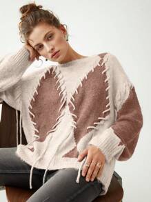 Anewsta 撞色落肩系带针织套头衫秋冬毛衣 - 棕色 - 查看 3