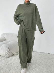 SHEIN Essnce Mock Neck Drop Shoulder Tee & Flap Pocket Side Pants - Green - View 3