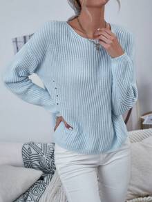 SHEIN LUNE Solid Drop Shoulder Ribbed Knit Sweater - Blue - View 7