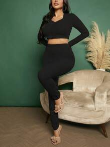 SHEIN SXY 素色前紐扣短款T恤&緊身打底褲 - 黑色 - 查看 3