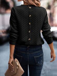 SHEIN Essnce Solid Button Back Sweatshirt - Black - View 5