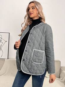 SHEIN Maternity Contrast Binding Button Front Quilted Coat, For Winter - Grey - View 1