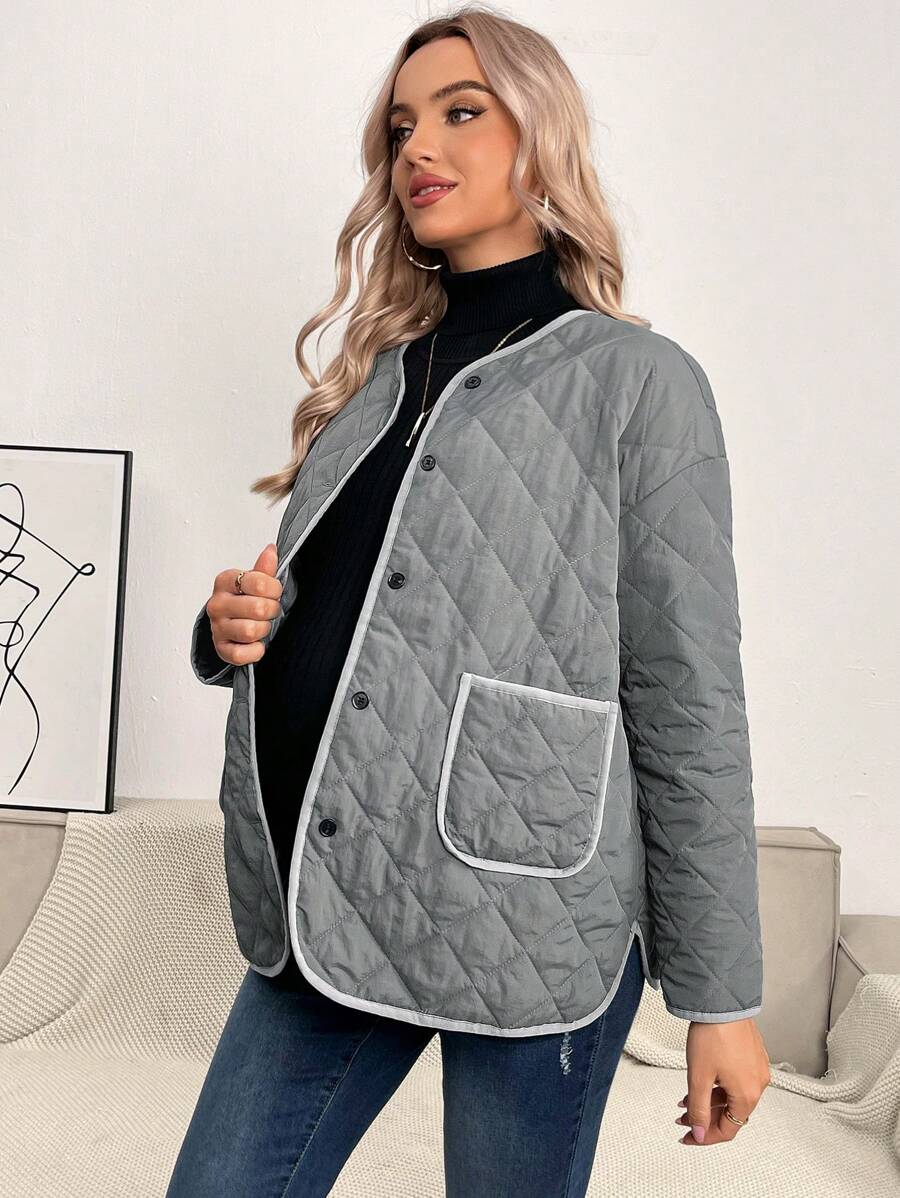 SHEIN Maternity Contrast Binding Button Front Quilted Coat, For Winter - Grey - View 1