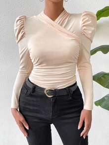 SHEIN Privé 素色泡泡袖側收褶T恤 - 杏色 - 查看 3