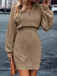 SHEIN Essnce Quarter Zip Drop Shoulder Sweater Dress - Camel - View 4