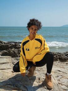 In My Nature Letter & Mountain Embroidery Raglan Sleeve Outdoor Sweatshirt - Yellow - View 4