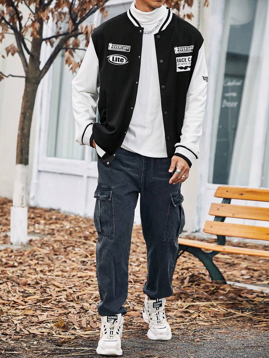 Manfinity Homme Men Plus Letter Graphic Striped Trim Varsity Jacket Without Tee - Black and White - View 1