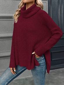 SHEIN LUNE 高領蝙蝠袖下擺開叉套頭毛衣 - 酒紅色 - 查看 4