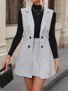 SHEIN Clasi 格紋印花外套馬甲&半身裙 - 黑與白 - 查看 4