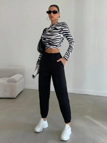 EURMUSE Solid Elastic Waist Pants - Army Green - View 4