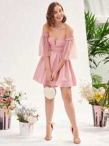 Enchnt Off Shoulder Nếp gấp Phần Ngực Đầm - Hồng - Xem 5