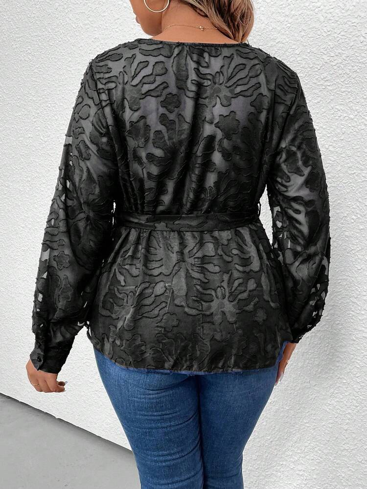 SHEIN Clasi Plus Jacquard Lantern Sleeve Overlap Collar Belted Peplum Hem Blouse - Black - View 3