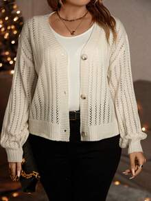 Calvaya Hơn Dệt kim chấm bi Thả vai Áo len Mở - Màu be - Xem 4