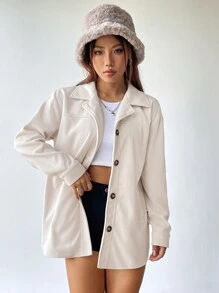 SHEIN EZwear Abrigo de hombros caídos con botón delantero - Beis - Ver 4