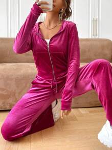 SHEIN EZwear Dây kéo Túi kangaroo Thêu Chữ Áo Hoodie & Quần thể thao - Màu Hồng Tươi - Xem 3