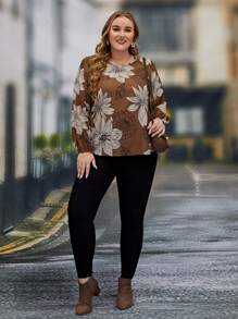 EMERY ROSE Plus Blouse Imprimé Floral Manches Bouffantes - Taupe - Voir 3