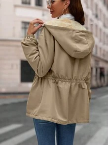 SHEIN LUNE Thả vai Lót Teddy Áo trùm đầu - Màu Khaki - Xem 2