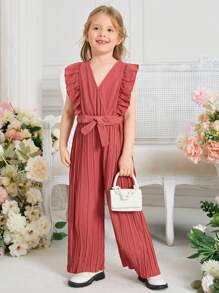 SHEIN Toddler Girls Ruffle Trim Pleated Belted Jumpsuit - Redwood - View 6