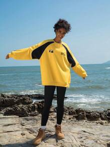 In My Nature Letter & Mountain Embroidery Raglan Sleeve Outdoor Sweatshirt - Yellow - View 3