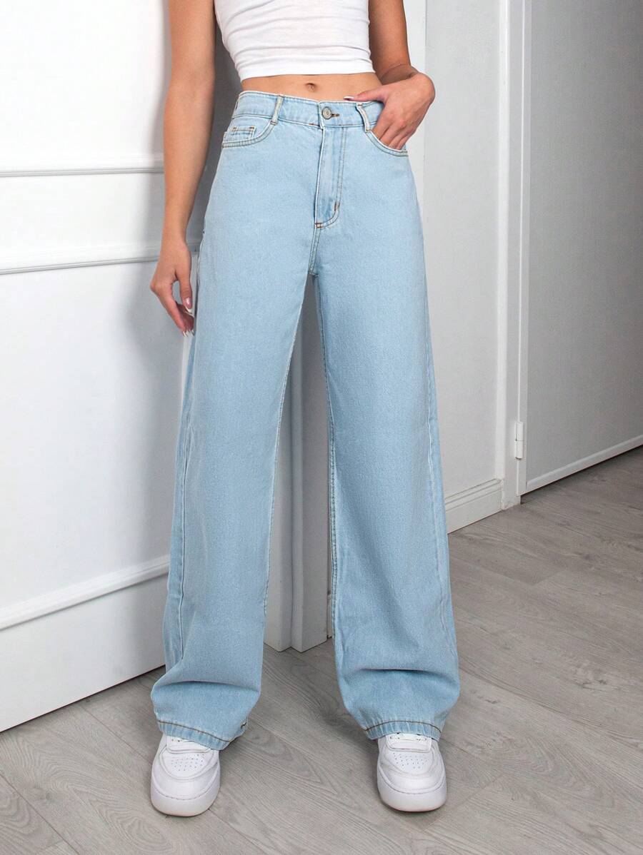 EURMUSE Snow Washed Wide Leg Jeans - Light Wash - View 1
