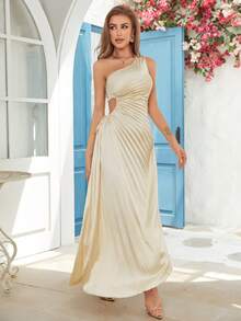 Elegant One Shoulder Cut Out Drawstring Side Asymmetrical Hem Pleated Fall Dress - Beige - View 4