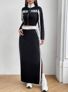 SHEIN Unity Letter Pattern Colorblock Zipper Up Sweater & Split Thigh Knit Skirt - Black and White - View 1