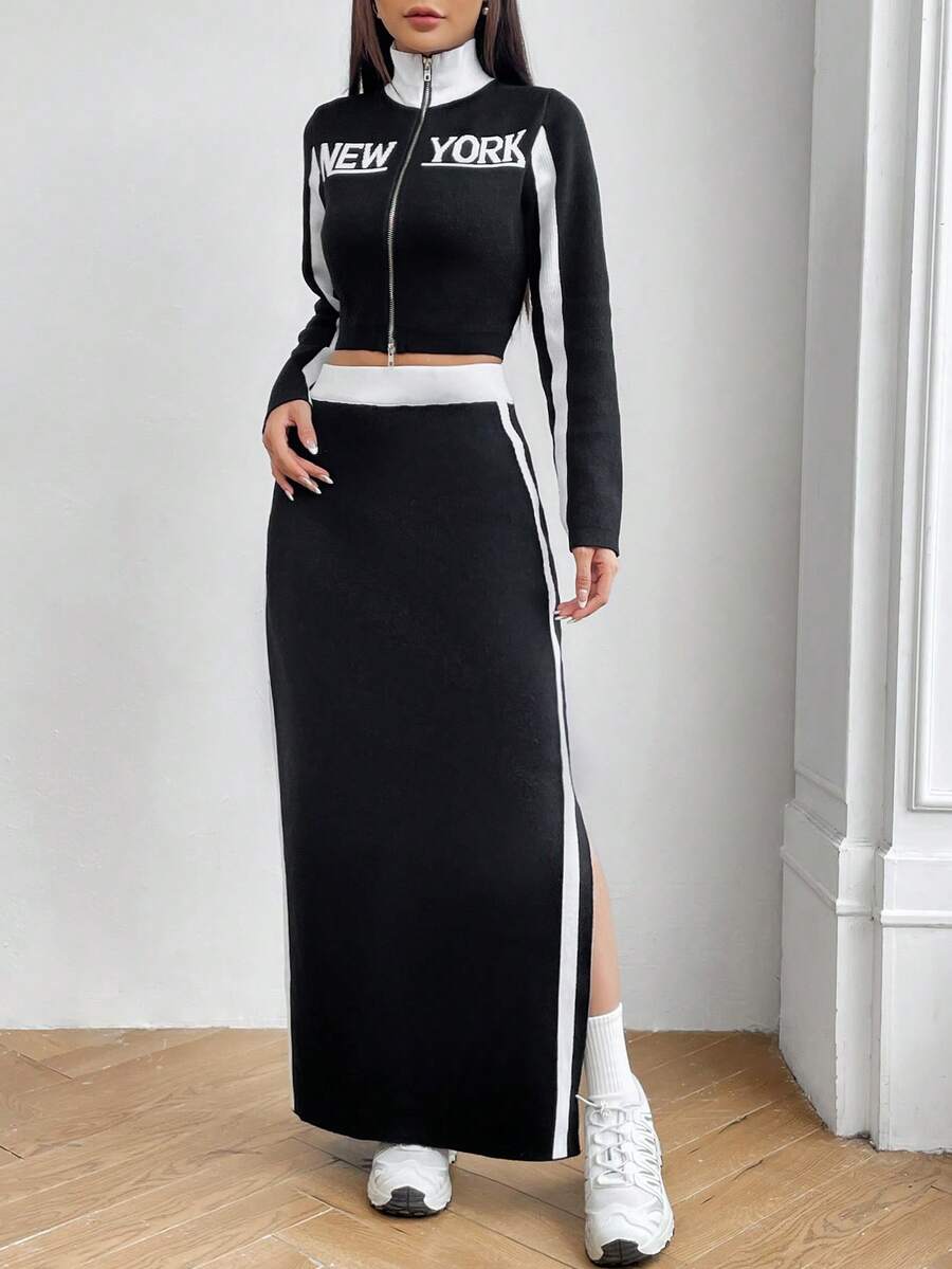 SHEIN Unity Letter Pattern Colorblock Zipper Up Sweater & Split Thigh Knit Skirt - Black and White - View 1