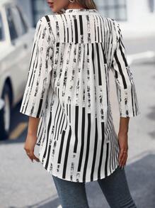 SHEIN LUNE Striped Print Roll Tab Sleeve Pocket Patched Blouse - White - View 2