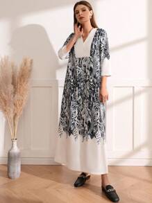 Al Najma Women's Printed V-neck Long Sleeve Dress - Black and White - View 1