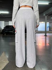 Muchica Letter Graphic Flap Pocket Side Drawstring Waist Sweatpants - Grey - View 2