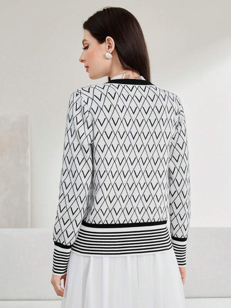 Striped & Argyle Pattern Cardigan Fall Cloth For Women